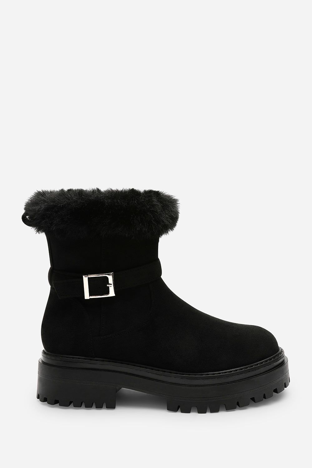 Where's That From Rayne' Suede Low Heel Ankle Boots with Faux Fur Cuff Buckle Detail