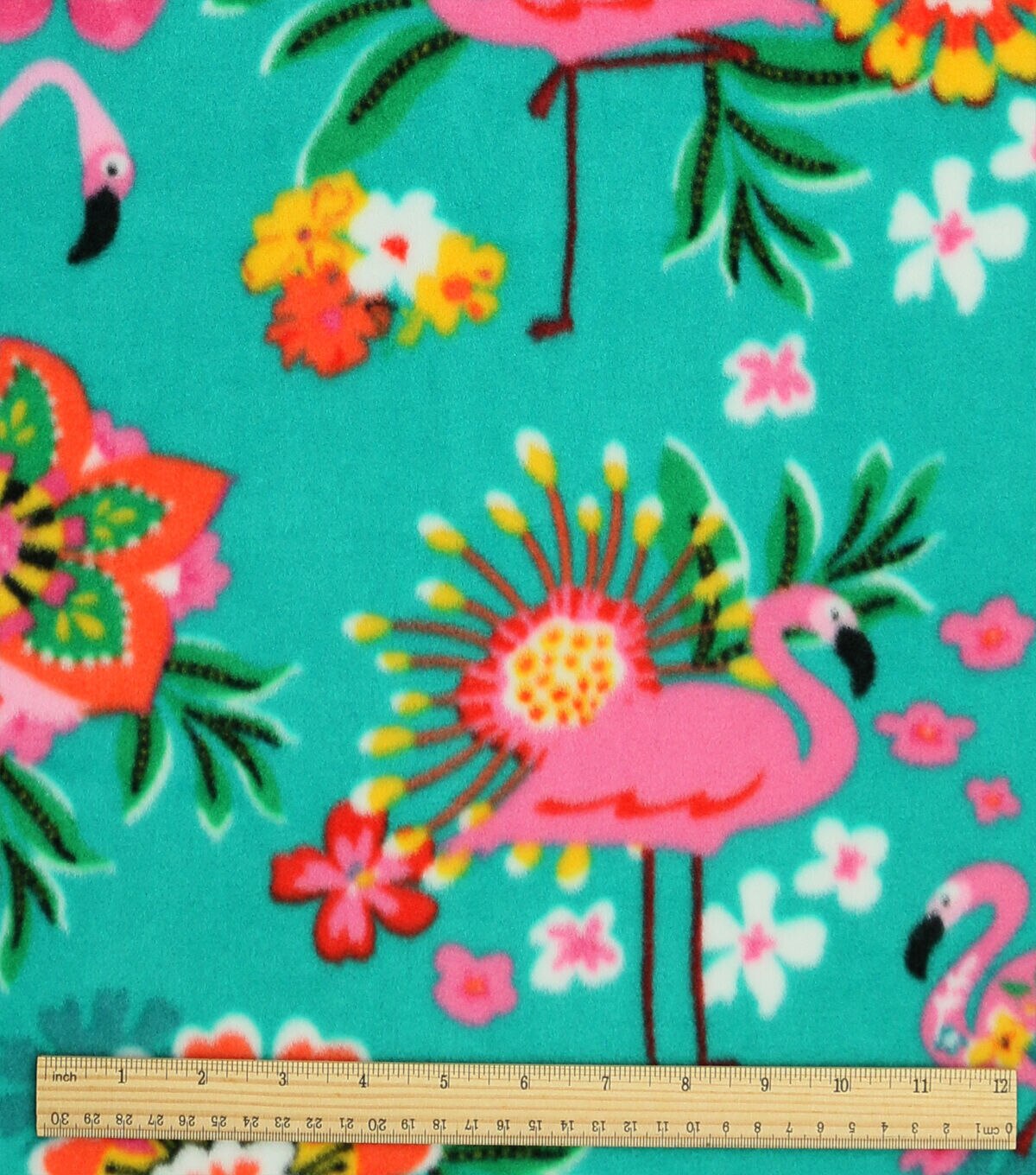 Tropical Floral Flamingo on Blue Anti Pill Plush Fleece Fabric