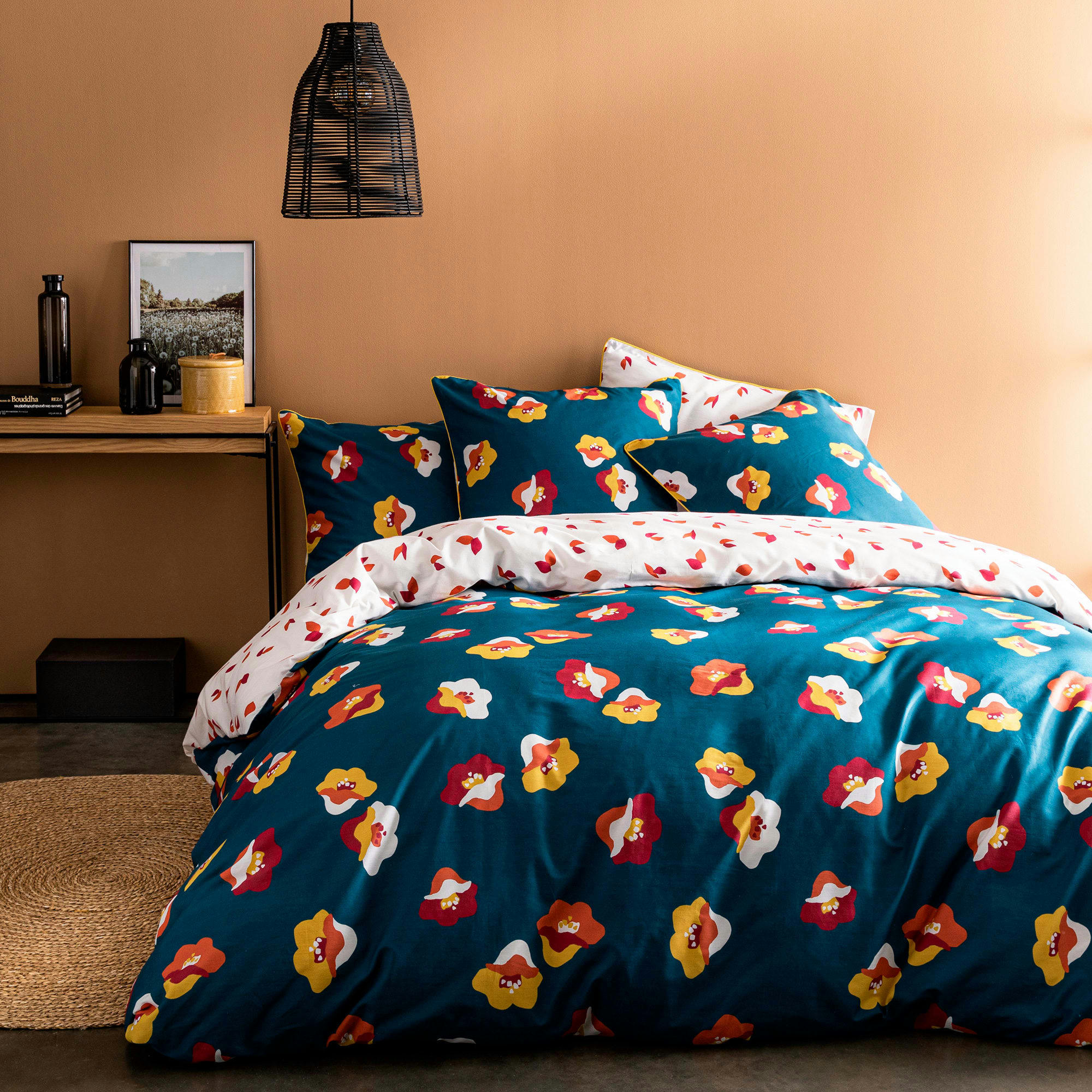 NARCISSE - Housse de couette imprimée en percale de coton BIO Bleu Paon 240x220cm