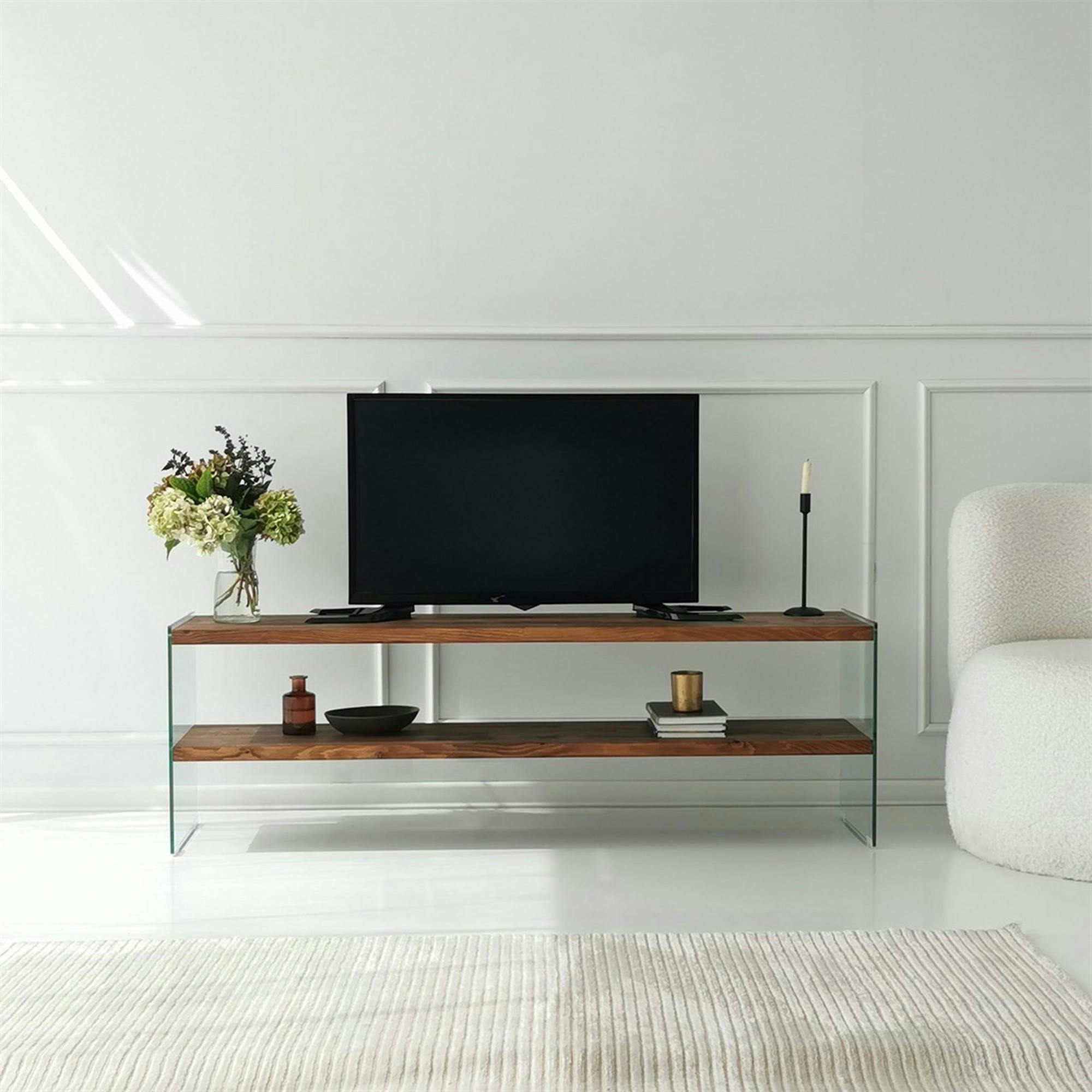 Banc TV en bois brun et verre - 2 niveaux, 140 cm LHASA