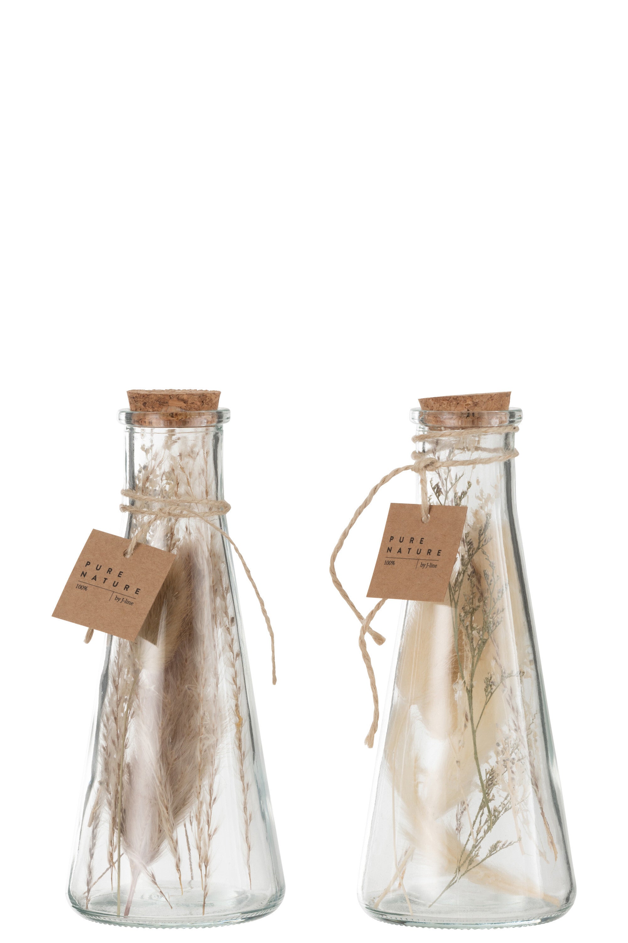 J-Line decoratie Fles - gedroogde bloemen - glas - naturel - medium - 2 stuks