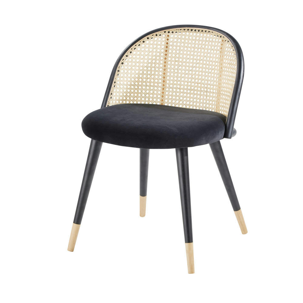 Mauricette - Chaise vintage noire cannage en rotin et bouleau massif