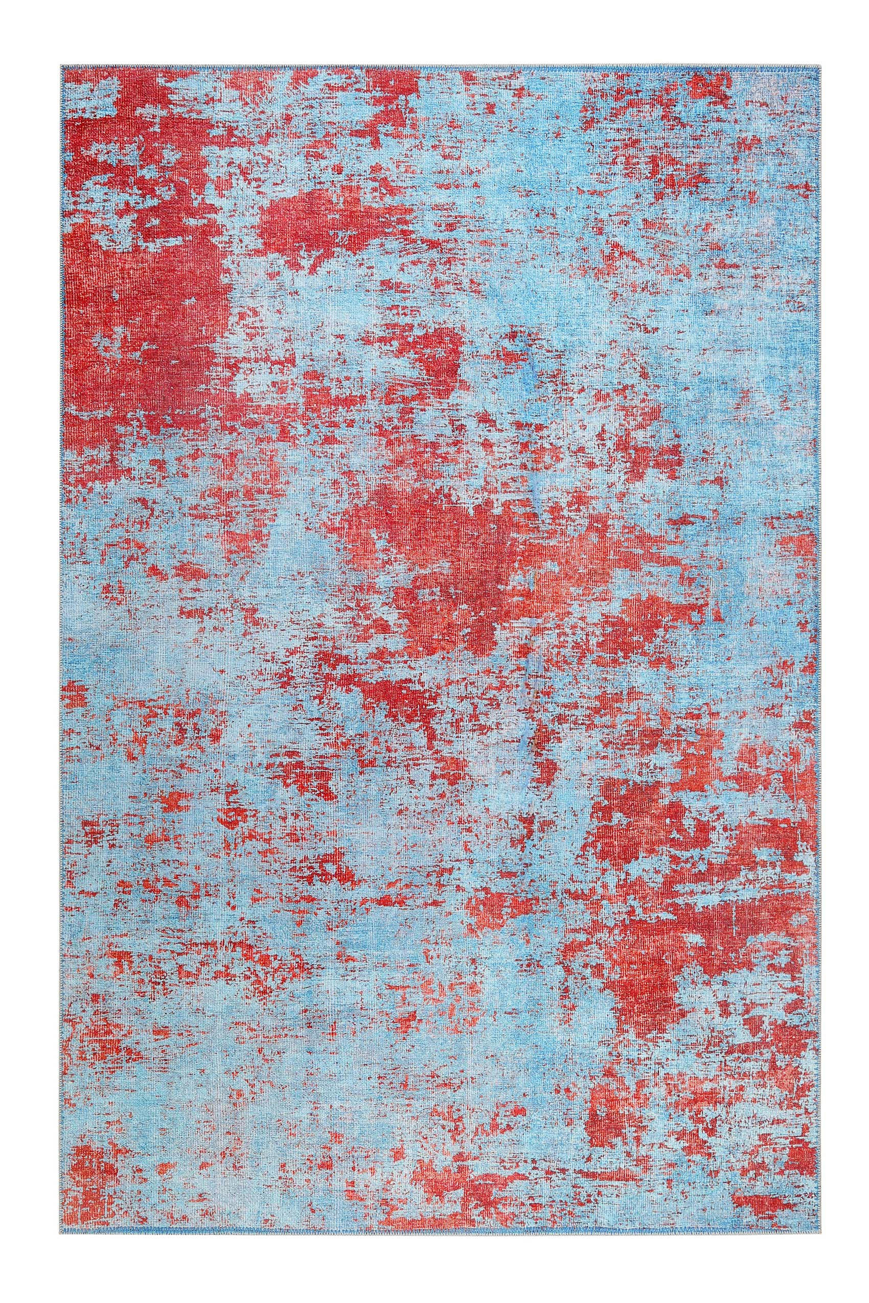 HOT SPRING - Tapis tissé extra plat bleu et rouge brique 120x170