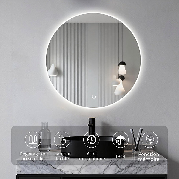 Miroir LED rond pour salle de bain de diamètre 80cm avec éclairage LED lumière froide SANILAND