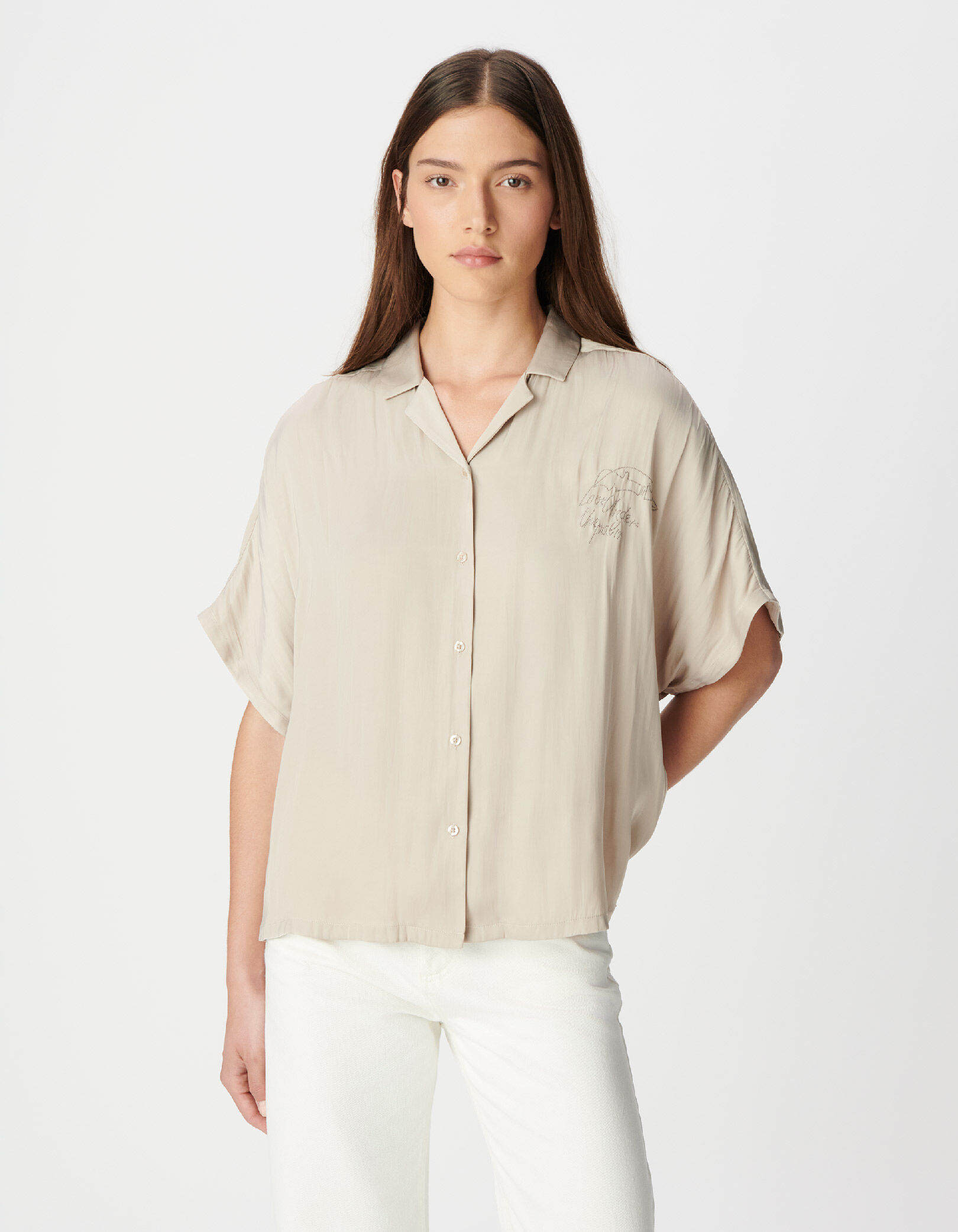 Chemise beige satinée motif palmier clouté dos Femme