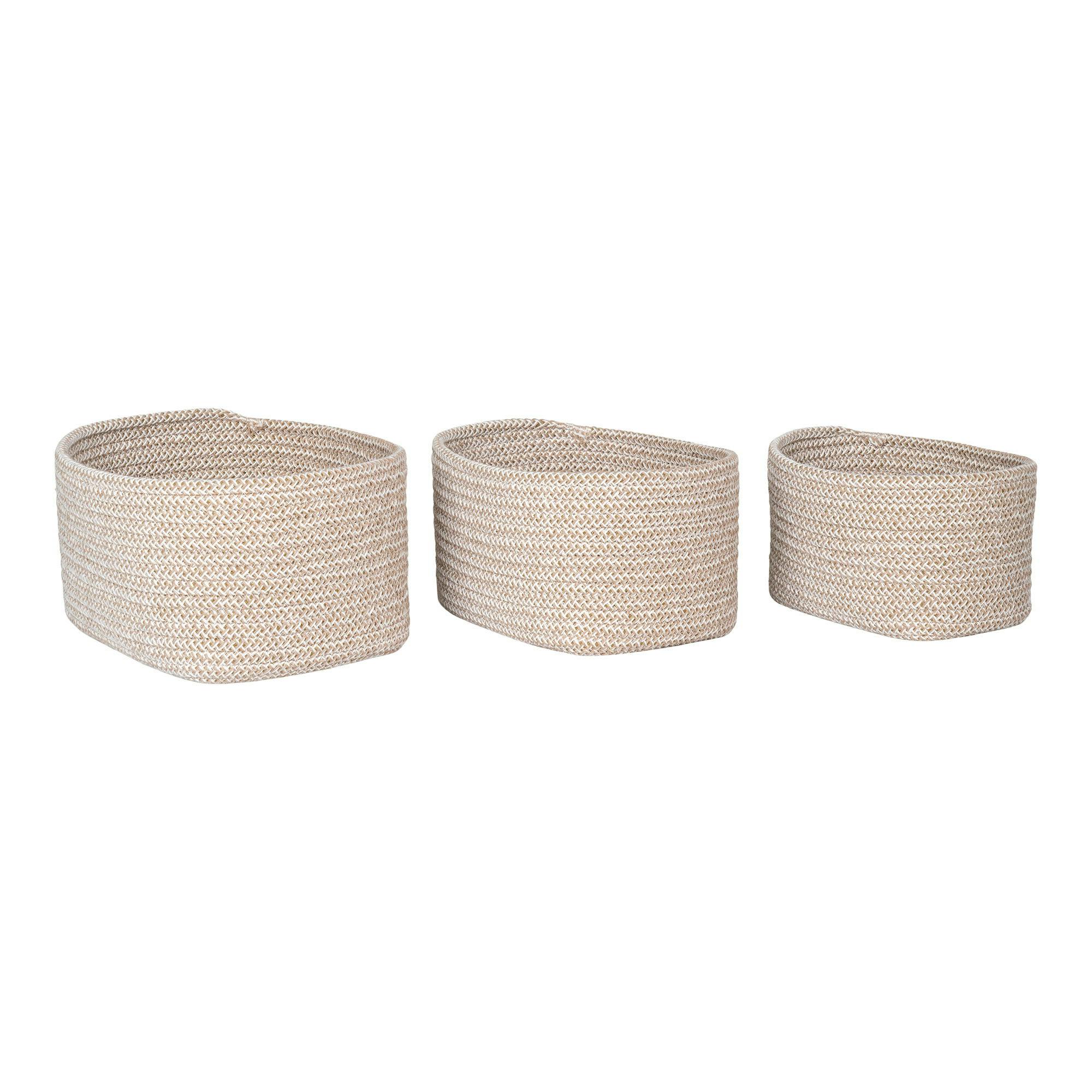Panier de rangement en coton beige, tressage bicolore (lot de 3)