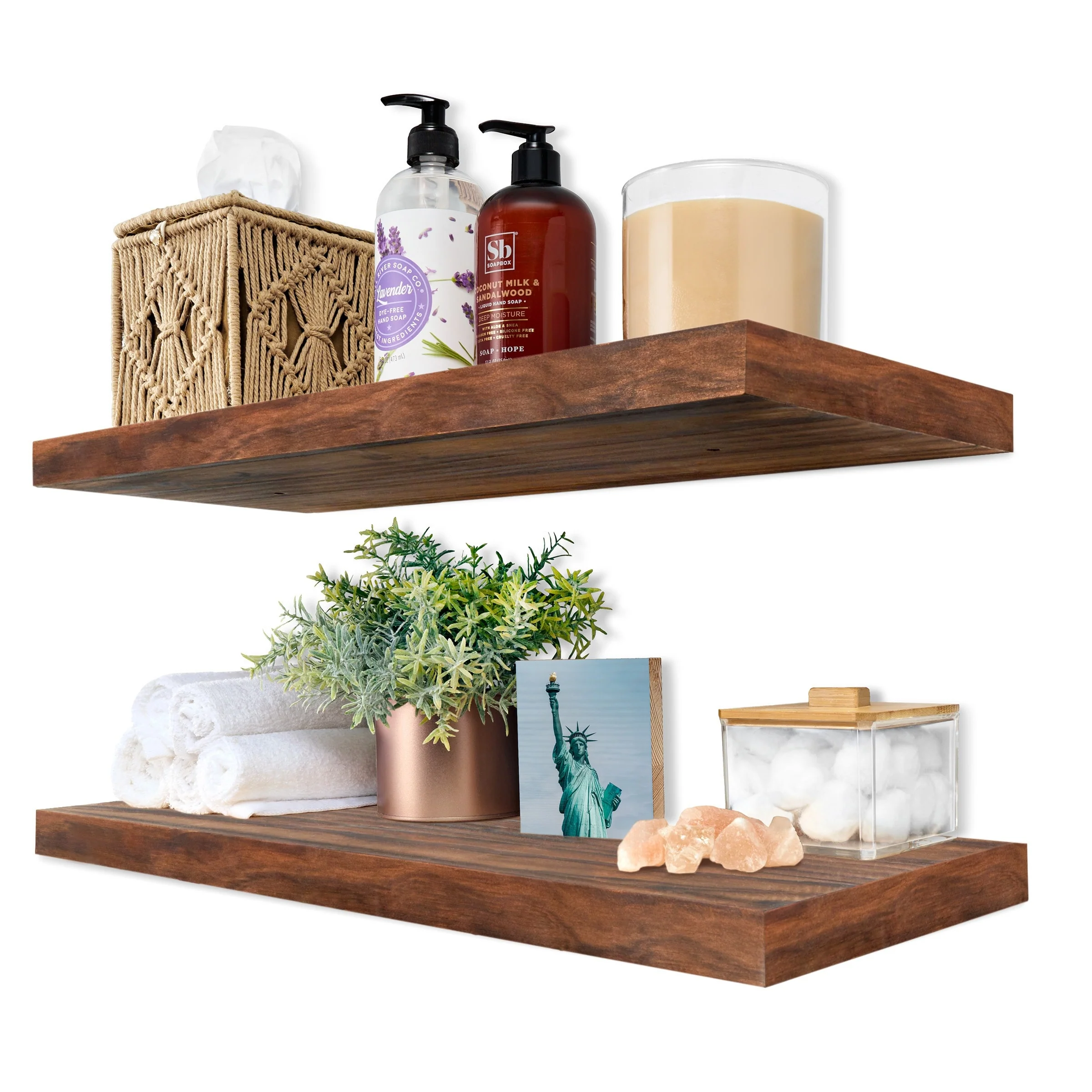 Solid Wood Floating Shelves for Wall, Set of 2 Wooden Wall-Mounted Shelves - 9” L X 24 W X 1.2” H
