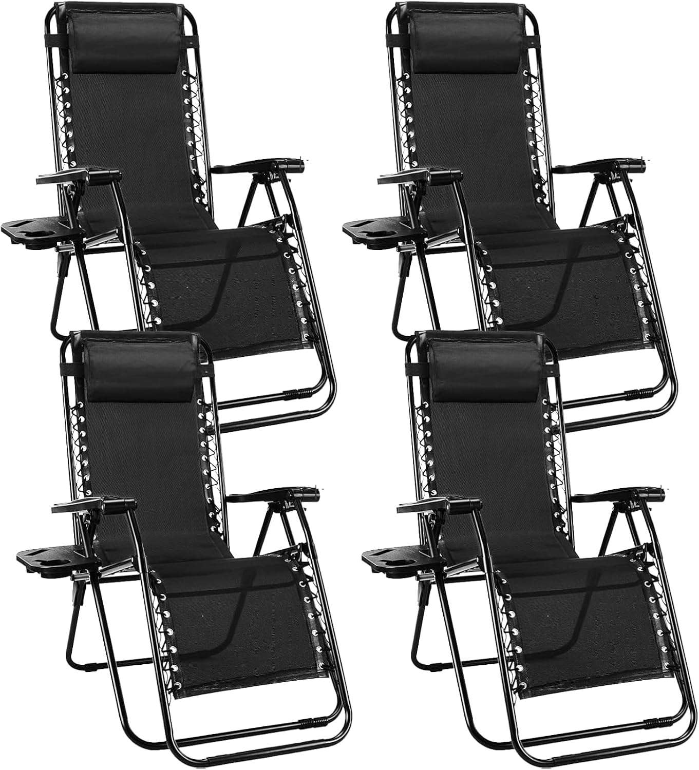 Sweetcrispy Zero Gravity Chairs, Set of 4 Portable Recliner Beach Camping Patio Outdoor Folding Lounge Chair with Cup Holder Trays and Adjustable Pillow for Poolside, Garden, Backyard, Lawn (Black)