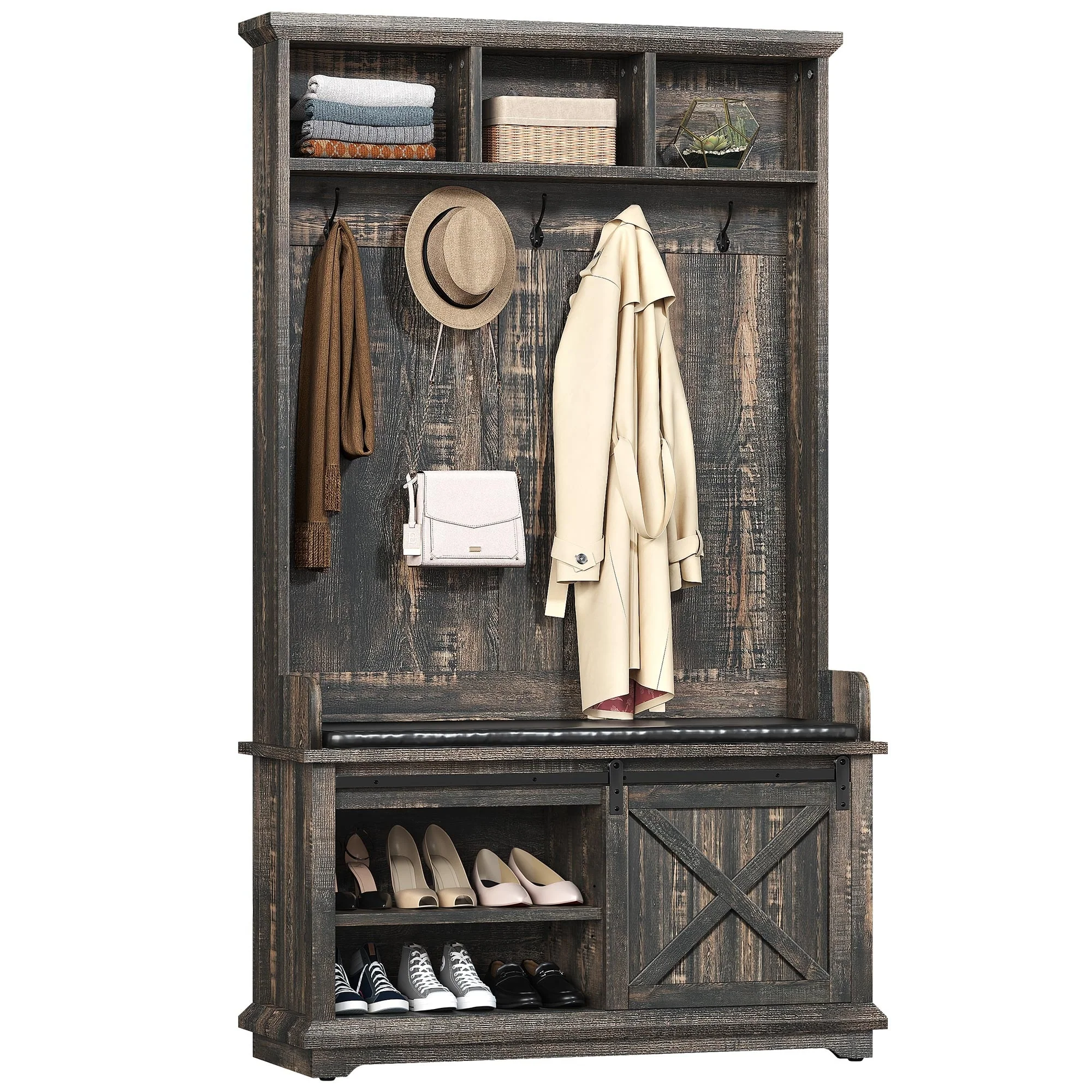 Moasis Hall Tree with Shoe Bench, Coat Rack Organizer for Entryway Hallway