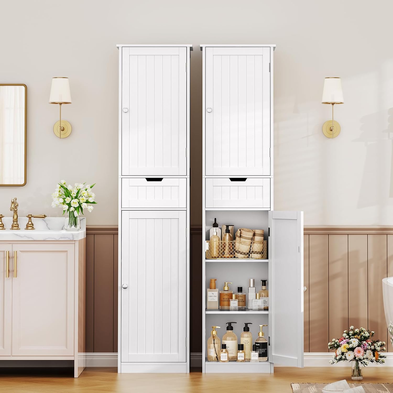 Iwell 67 Tall Bathroom Cabinet, Storage Cabinet with 2 Doors & 1 Drawer, Bathroom Storage Cabinets with Adjustable Shelves, for Living Room, Entryway, Home Office, White