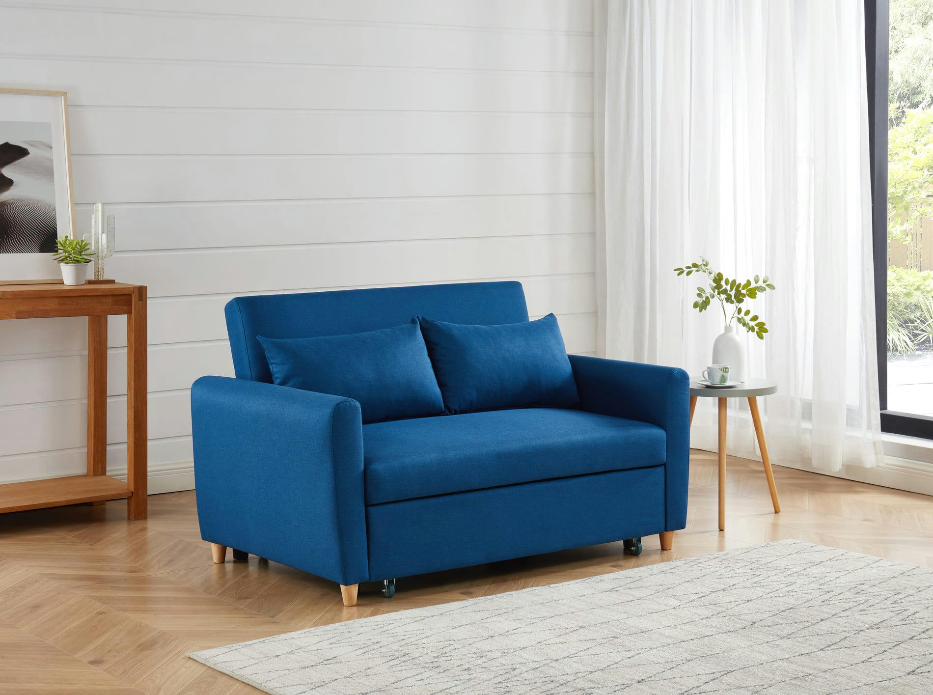 LAURA - Canapé droit convertible en tissu 2 places bleu nuit