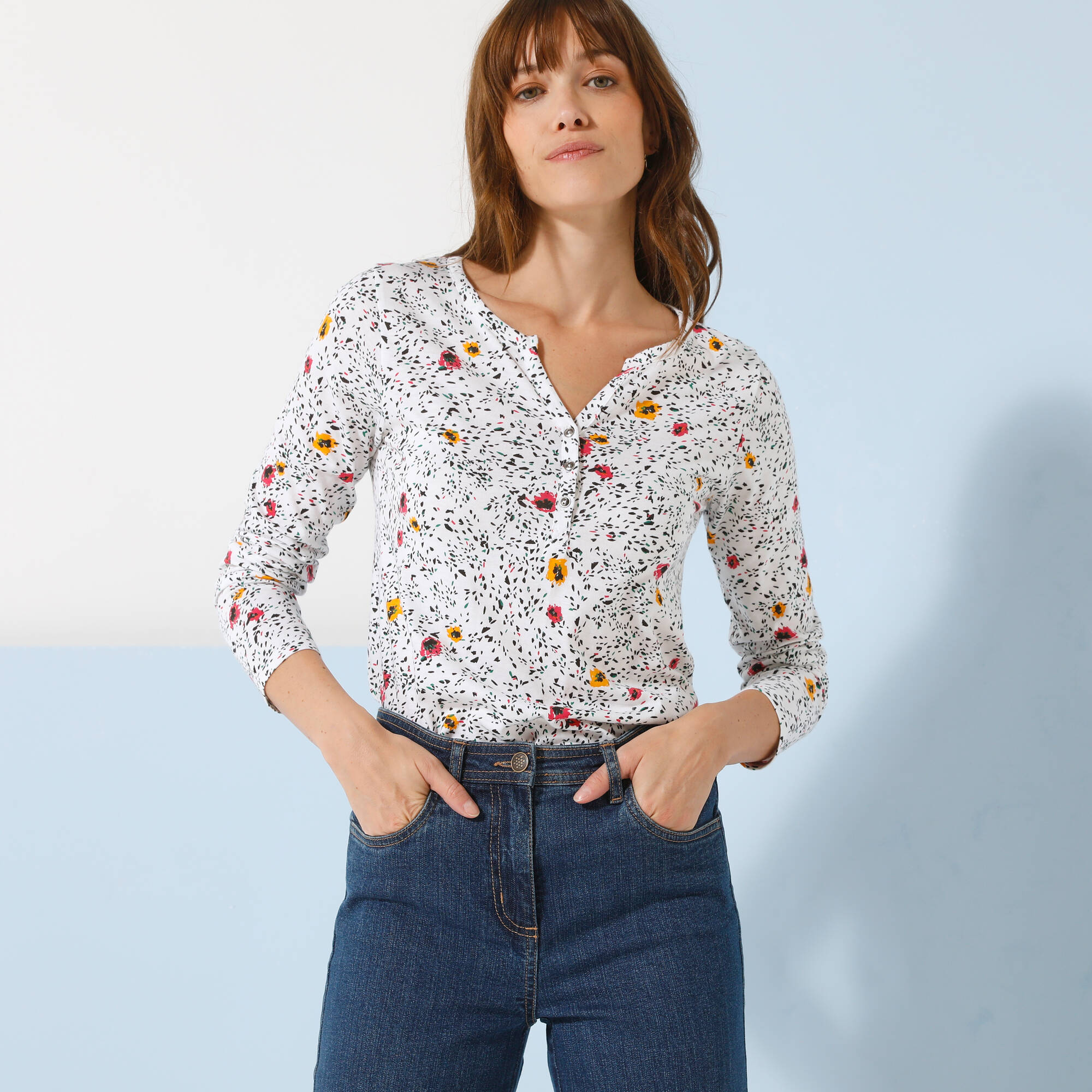 T-shirt col tunisien manches longues, imprimé