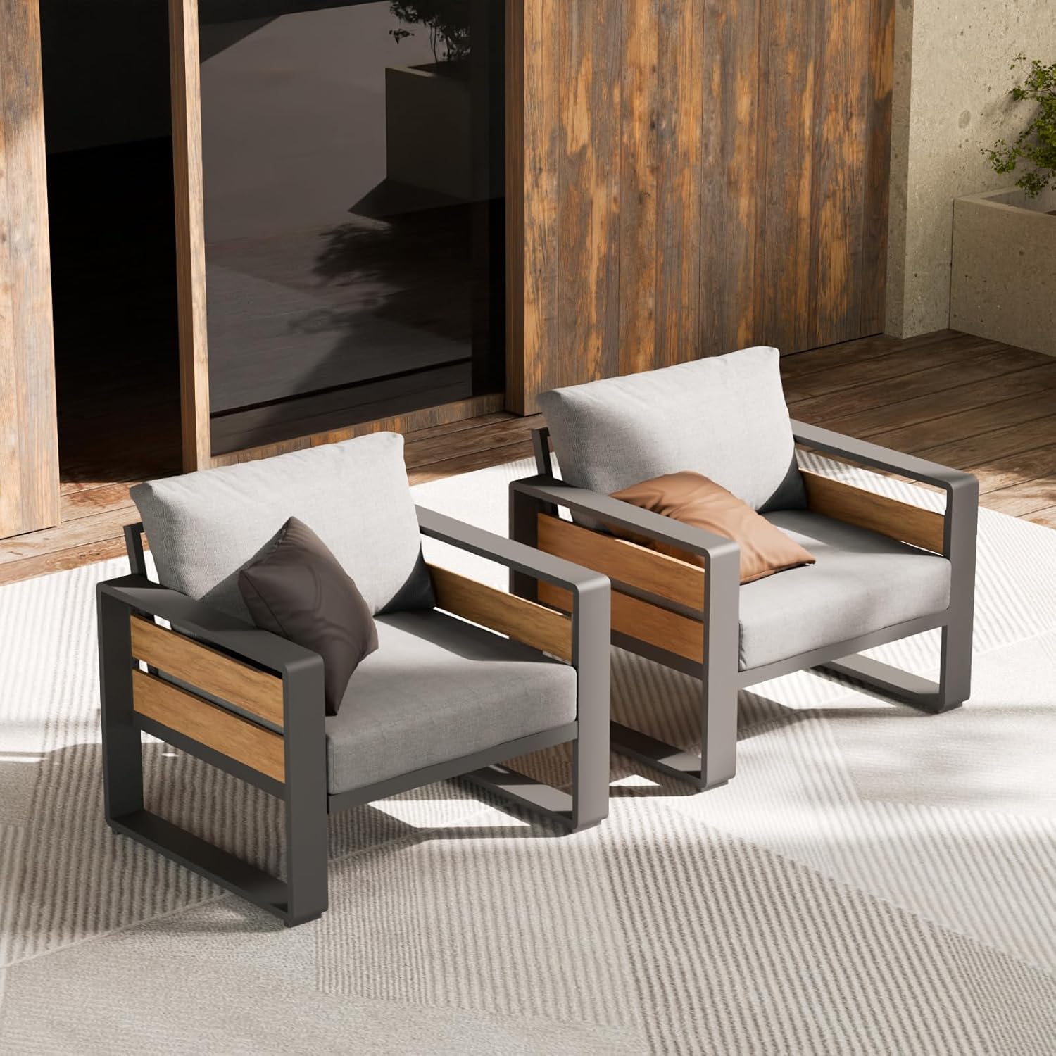 ZANDOR Aluminum Outdoor Patio Furniture - 2 Pcs Armchair  All-Weather Metal Modern Outside Furniture with Washable Thick Cushion for Garden/Backyard/Porch  Grey