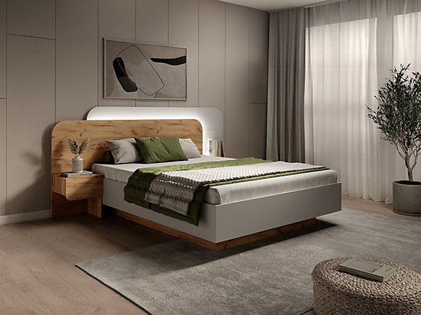 Lit avec chevets 160 x 200 cm - Avec LEDs - Coloris : Naturel et blanc   Sommier - DESADO