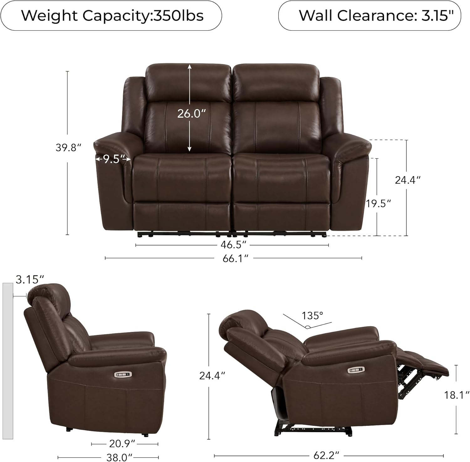 CHITA Genuine Leather Power Recliner Sofa, Wall Hugger Reclining Loveseat with Power Headrest, Charging Ports, Reclining Sectional Couch for Living Room, RV, Dark Brown