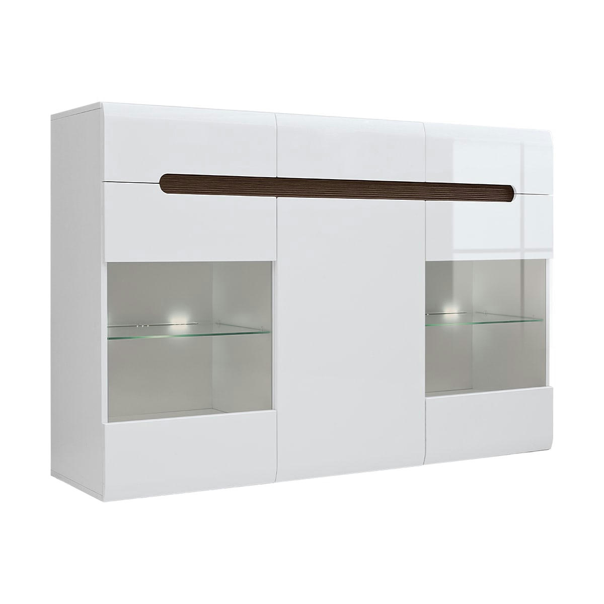 - Buffet vitré 3 portes 3 tiroirs avec led blanc laqué et naturel