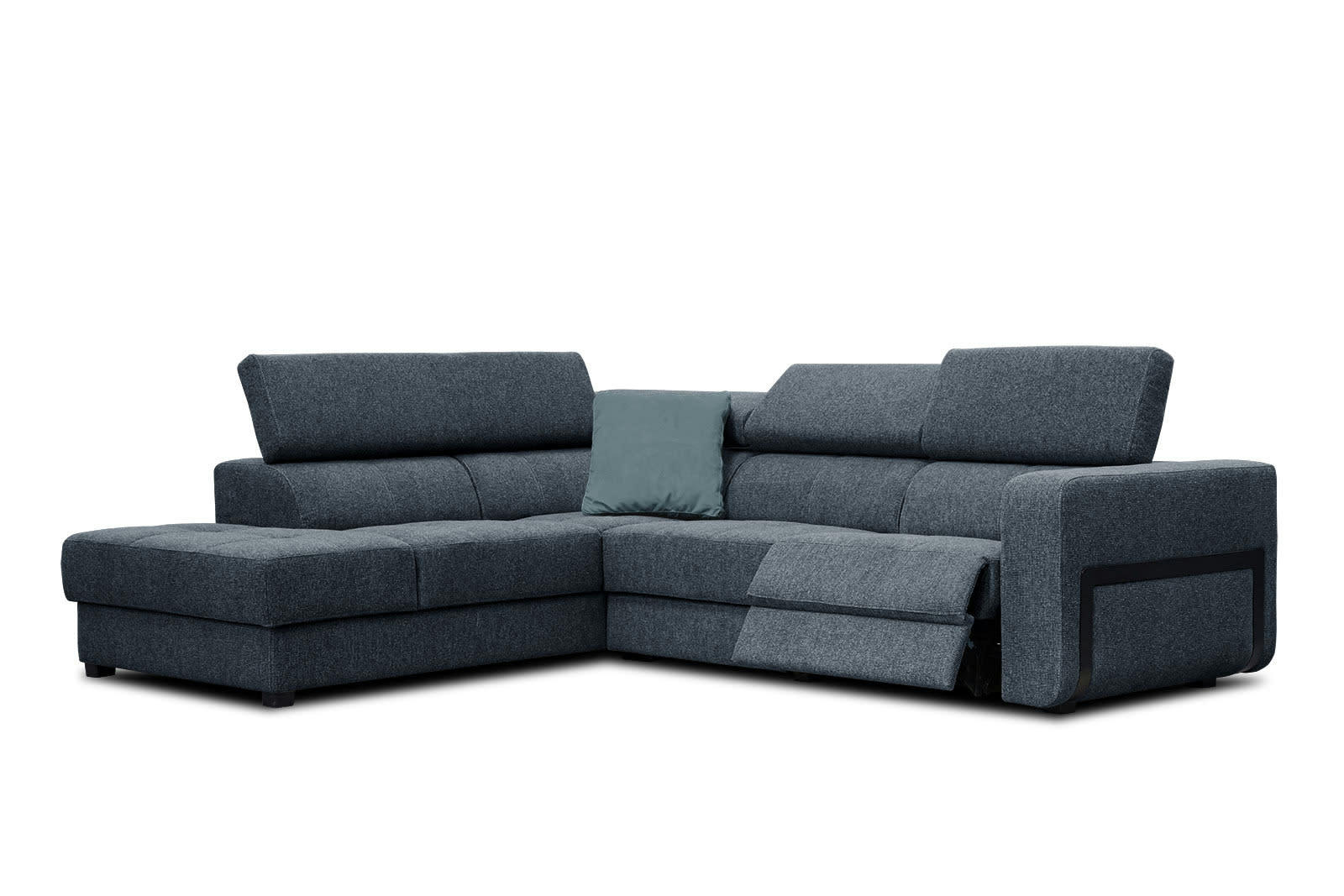 BERGO - Canapé d'angle gauche 5 places avec relax électrique tissu bleu foncé