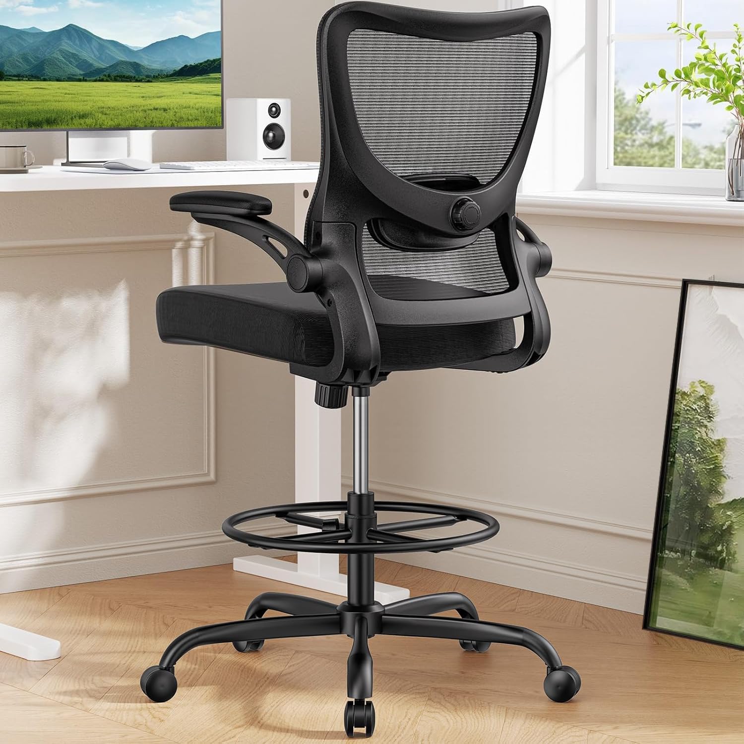 Marsail Drafting Chair, Tall Office Chair with 2D Lumbar Support, Standing Desk Chair with Padded Flip-Up Armrests & Adjustable Footrest Ring, Black