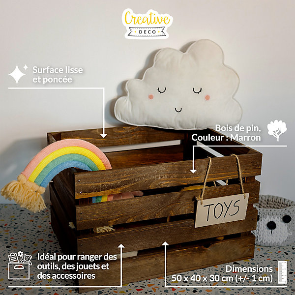 Creative Deco Caisse en Bois Wengé 50 x 40 x 30 cm - Caisse Rangement Bois Vintage - Cagette Bois Deco - Boite Decoration