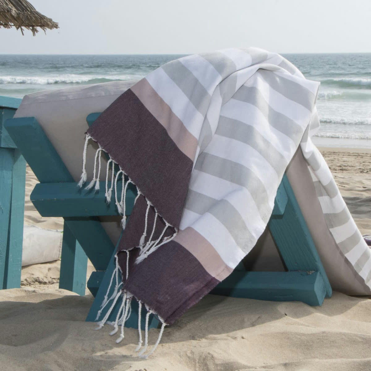 ARCACHON - Fouta tricolore coton  100x200 gris / rose / prune