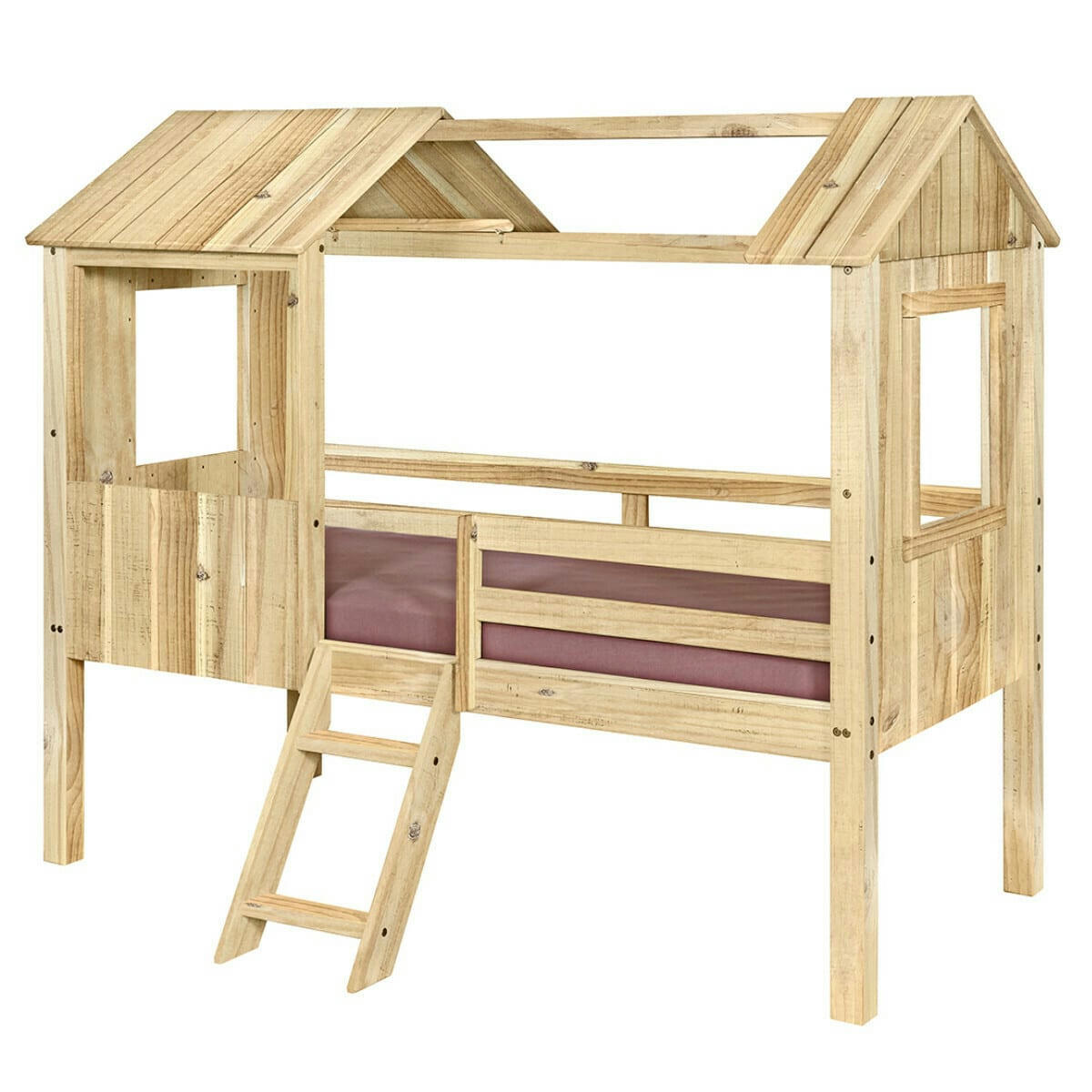 LAO - Lit cabane avec matelas 90x190 cm bois massif bois