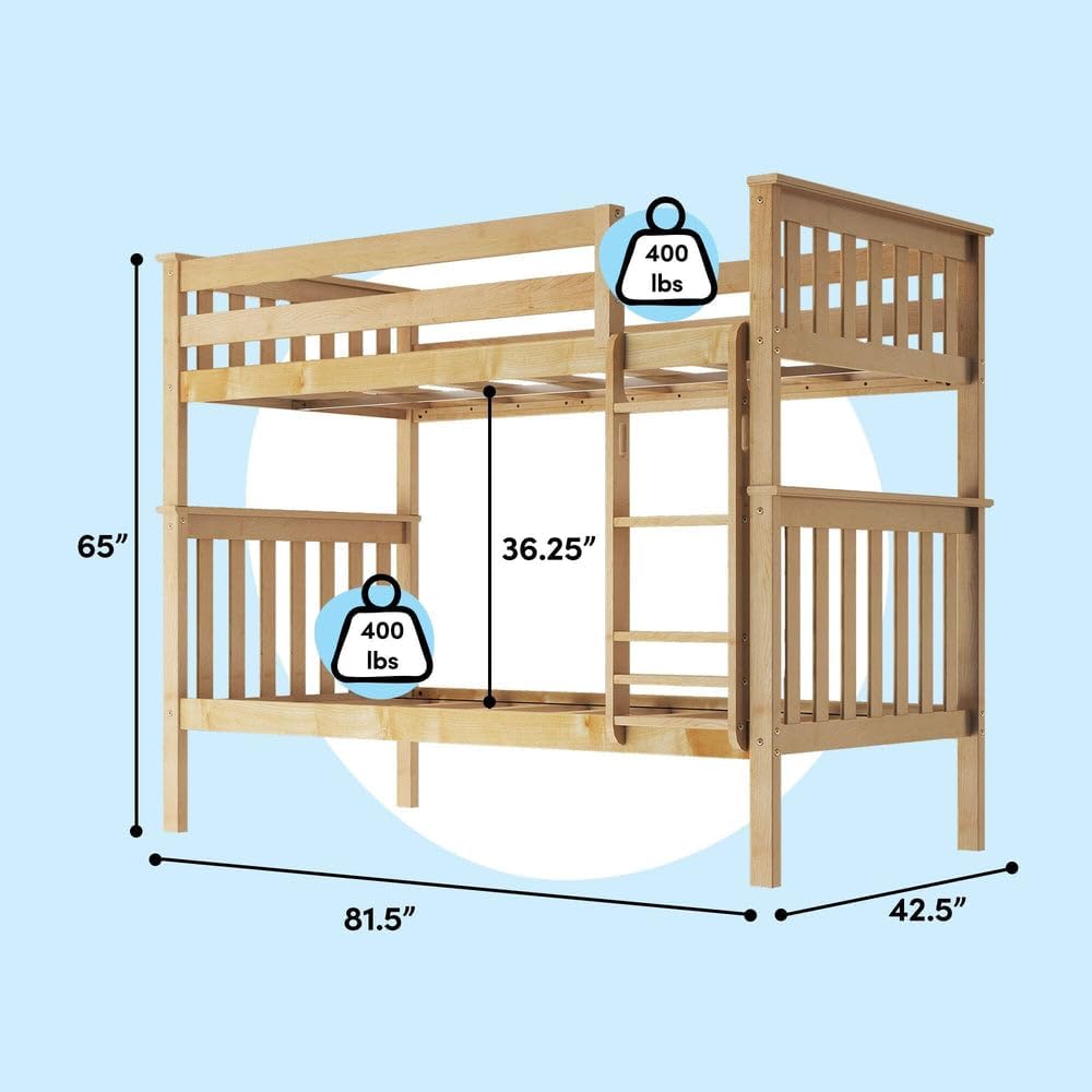 Max & Lily Bunk Bed Twin over Twin, Solid Wood Bunk Bed Frame with Ladder for Kids, 14 Safety Guardrails, Easy Assembly, No Box Spring Needed, Natural