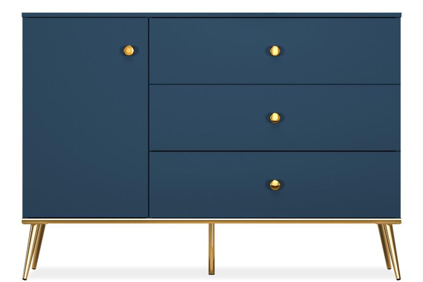 KONSIMO ARICIA Granatowa komoda 120 cm z szufladami na złotych nóżkach