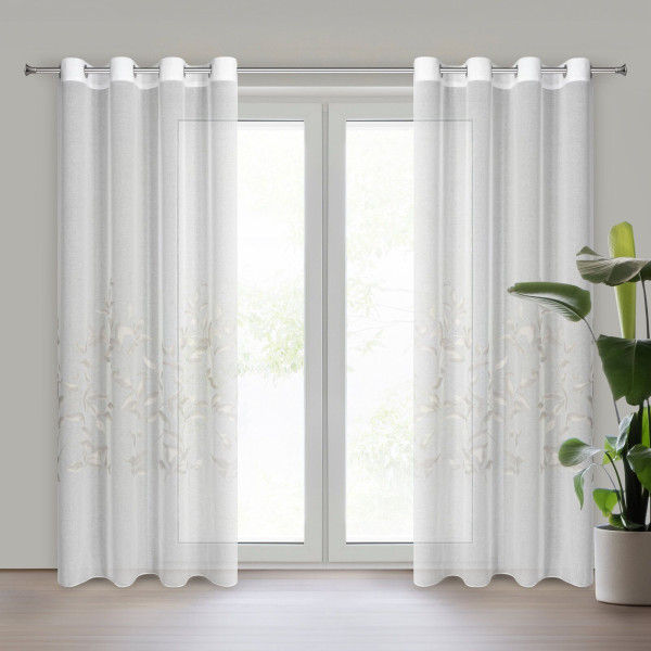 Firana Estella 140x250 cm biała z listkami na przelotkach lekka