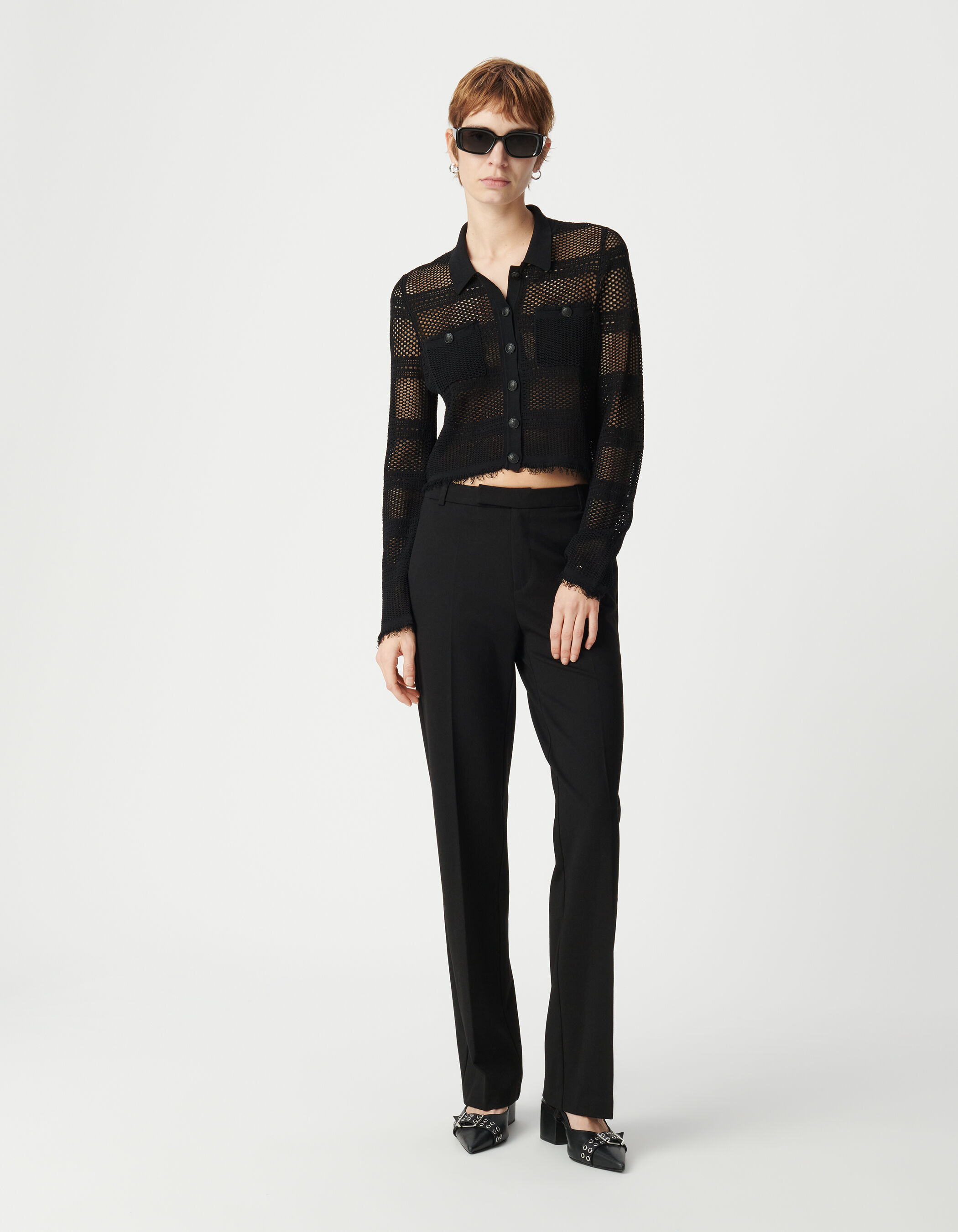 Cardigan court noir tricot ajouré Femme