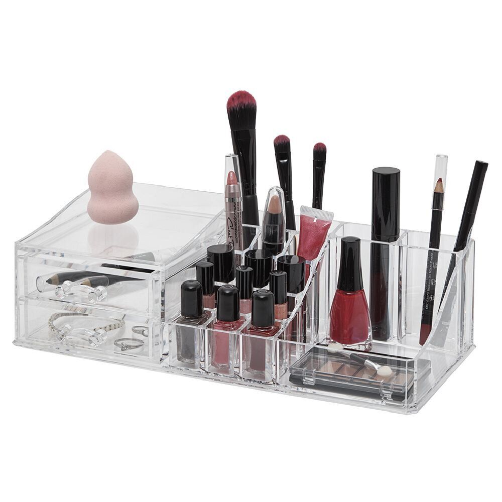 Organisateur à maquillage 2 tiroirs et compartiments transparent