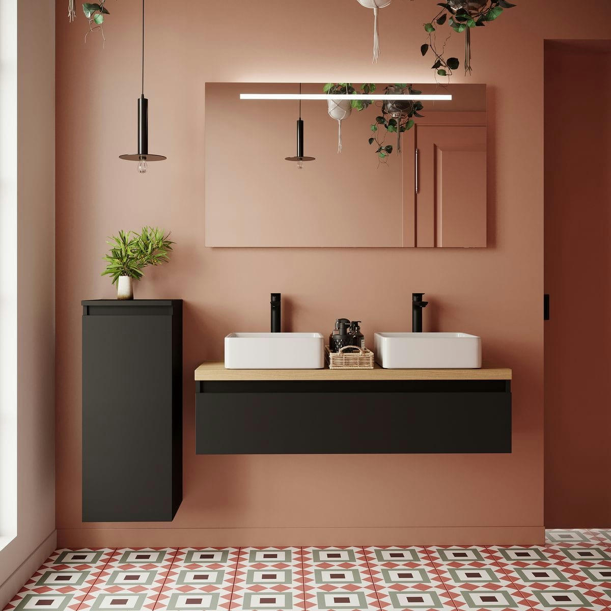 HUDSON - Meuble salle de bain 2 vasques posées 120cm 1 tiroir Noir