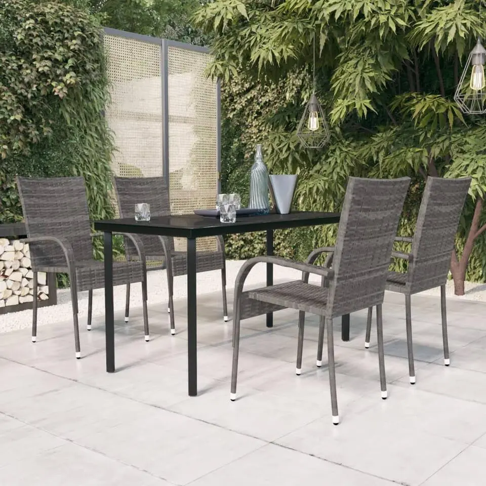 vidaXL - 5-delige Tuinset - 4 grijs PE rattan fauteuils en 140x70 cm zwart tafel