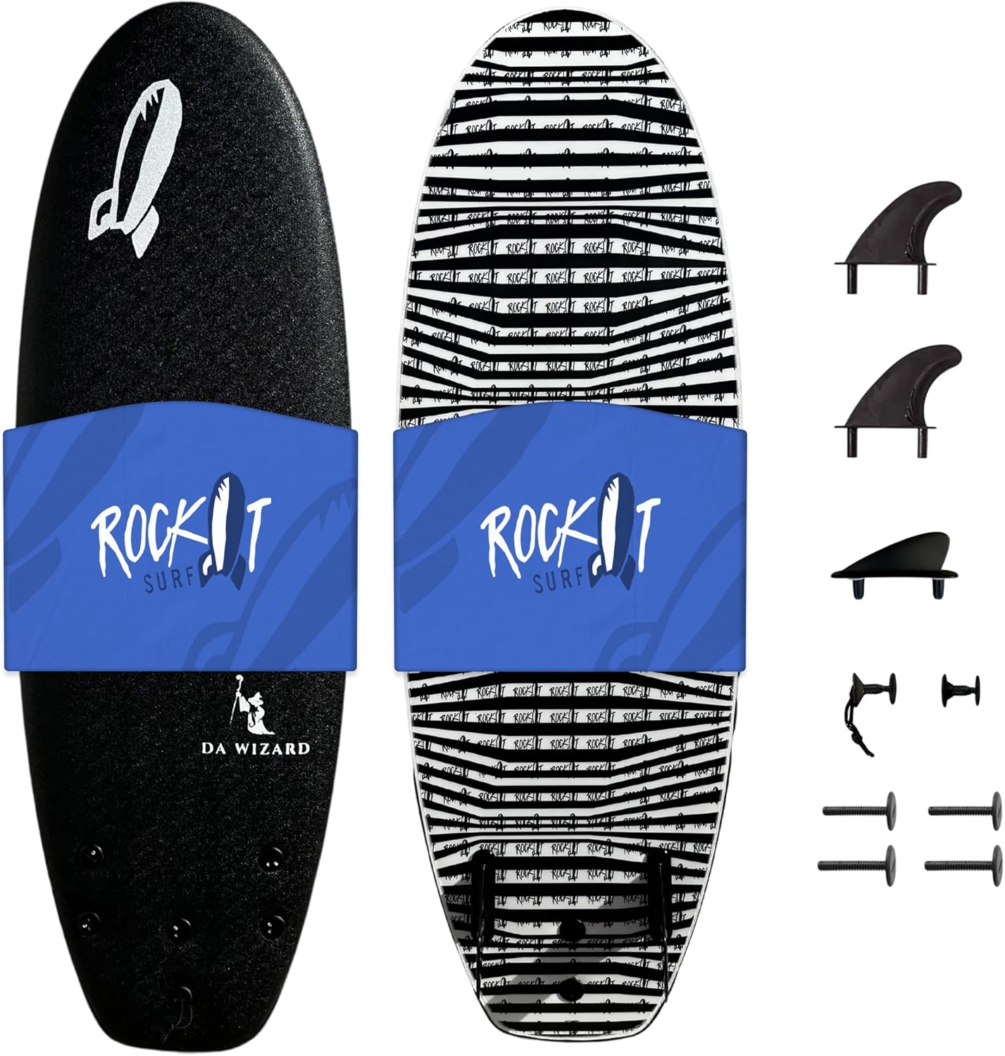 Rock-It DA Wizard Performance Soft Top Surfboard, 4’10” / 39L Foam Surfboard for Ocean, Wave Pool, River Surfing and More with 2+1 fin System and Reinforced Deck and Rails Developed in Hawaii (Black)