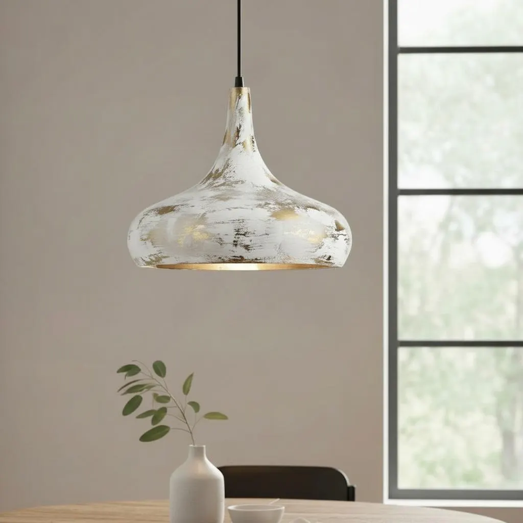 Vintage White Brass Pendant Light, Rustic Gold Hanging Lamp, Handmade Kitchen Island Fixture, Distressed Brass Lighting