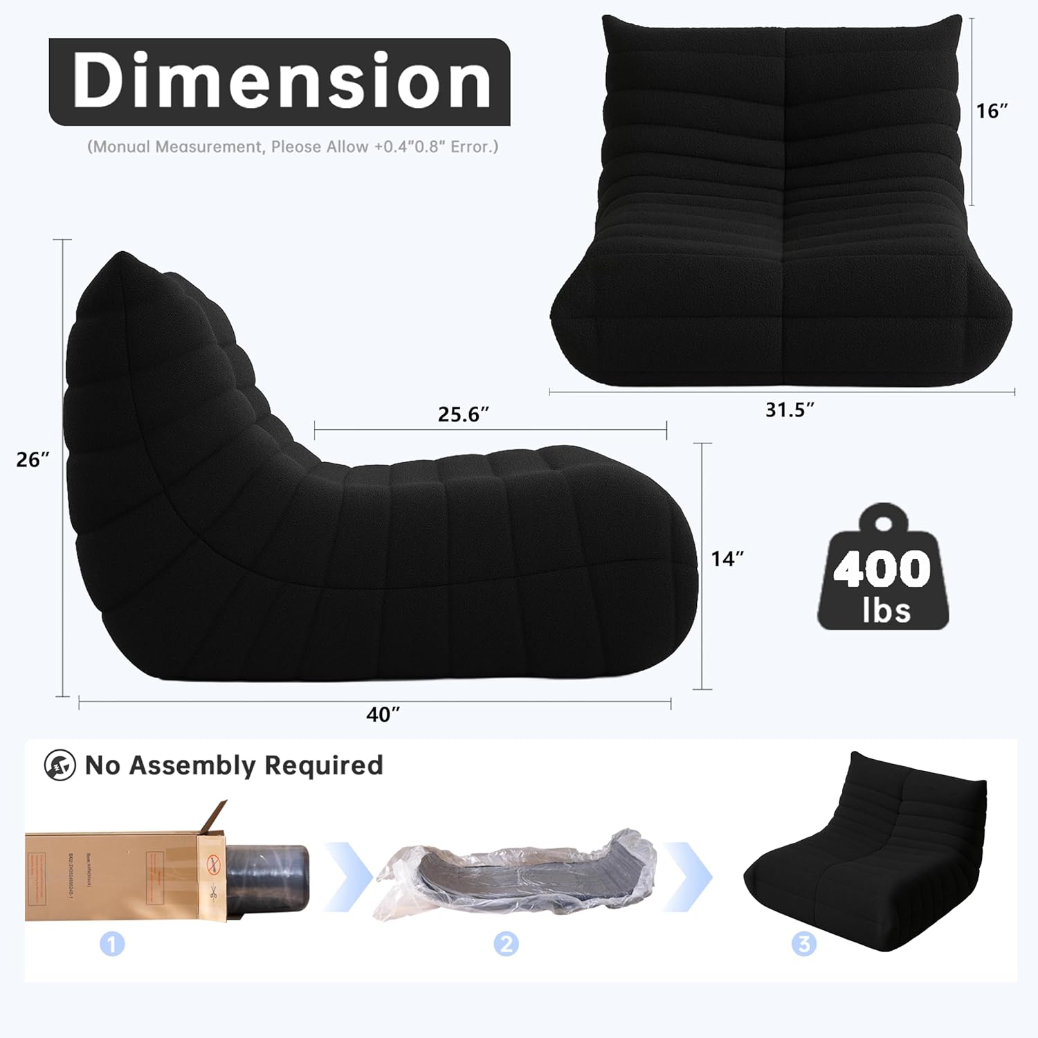 WHGBJA Bean Bag Chairs for Adults, BeanBag Reading Chair Memory Foam Couch, Floor Chair Soft Teddy Material, Comfy Reading Nook Chairs for Bedroom Living Room Office (Black)