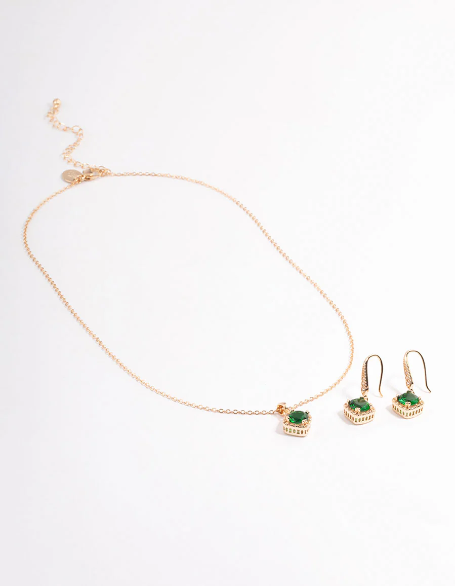 Cubic Zirconia Gold Square Cushion Earrings & Necklace
