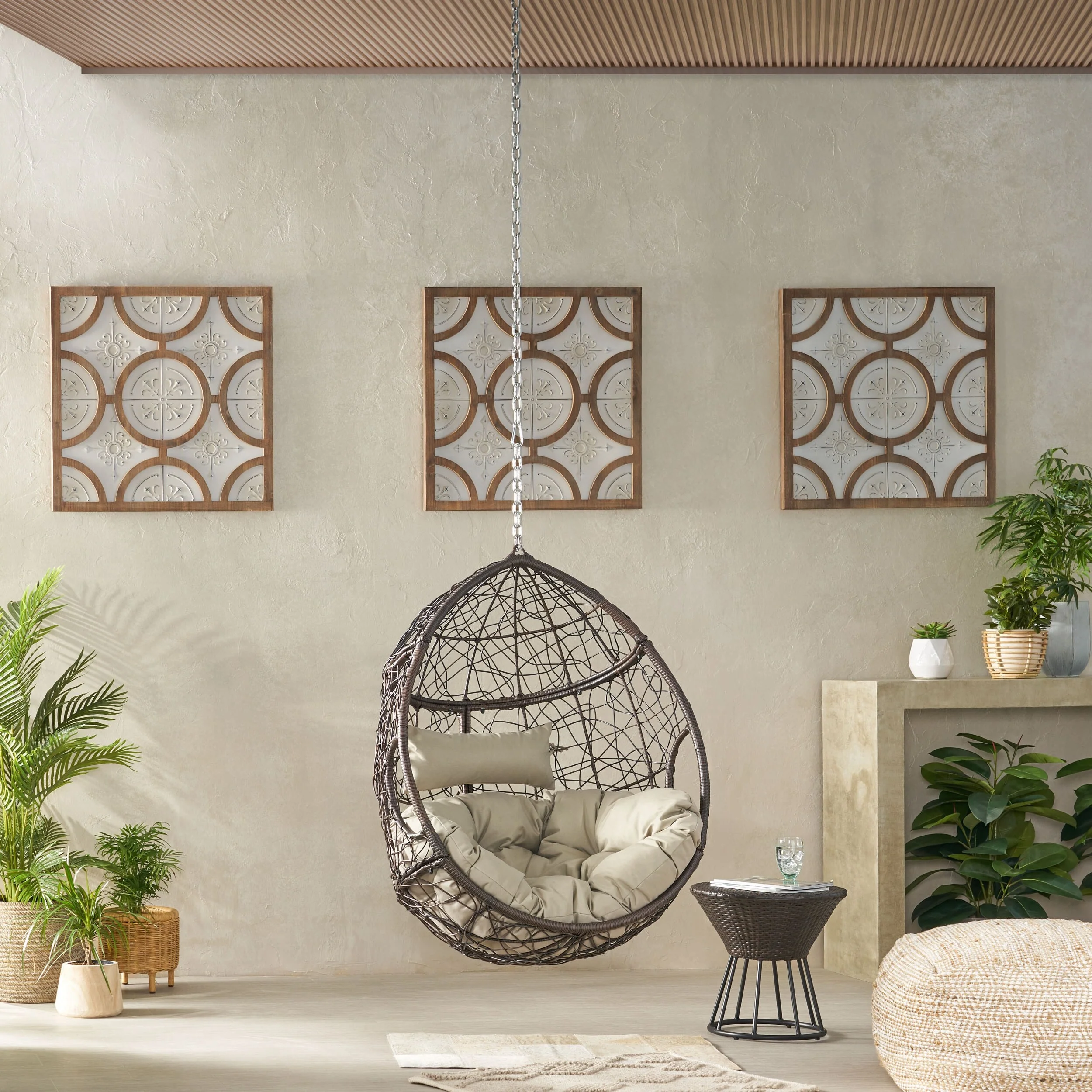 Outdoor Teardrop Hanging Basket Chair with Water-Resistant Tufted Cushion, Rattan Egg Chair, Wicker Swing Chair