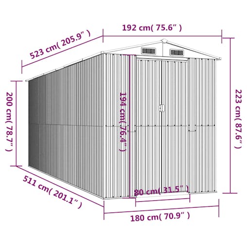 NNEVL Garden Shed Anthracite 192x523x223 cm Galvanised Steel