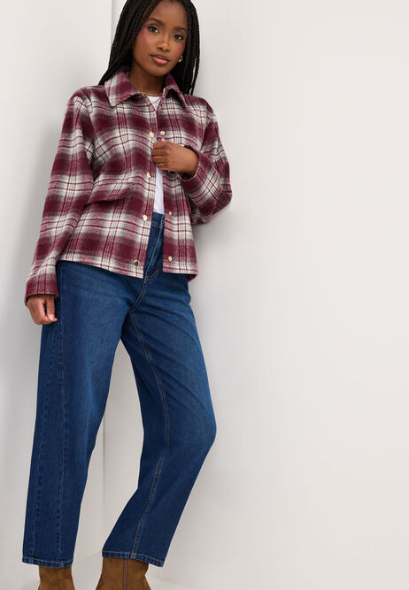 Womens Burgundy Check Wool Blend Shirt Jacket