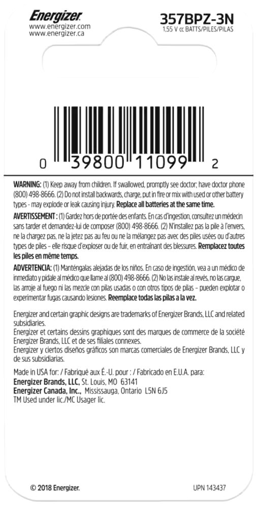 Energizer Silver Oxide 3-pk 357 LR44 AG13 303 A76 1.5V / 1.5 Volt Button Coin Cell Batteries