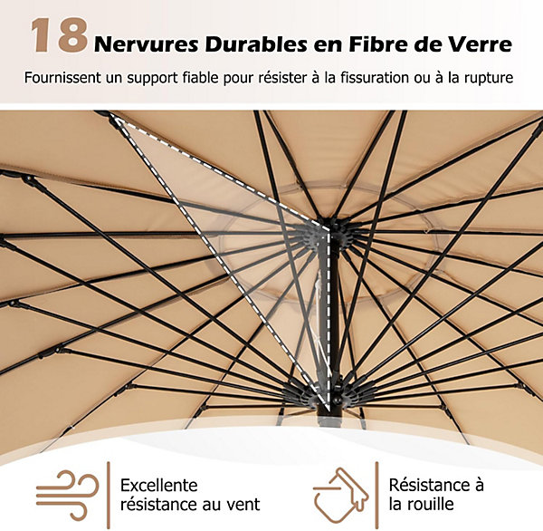 Parasol de Jardin Extérieur, 265CM avec Manivelle, 18 Baleines, Toile Imperméable et Résistante, Base Non Incluse (Marron)