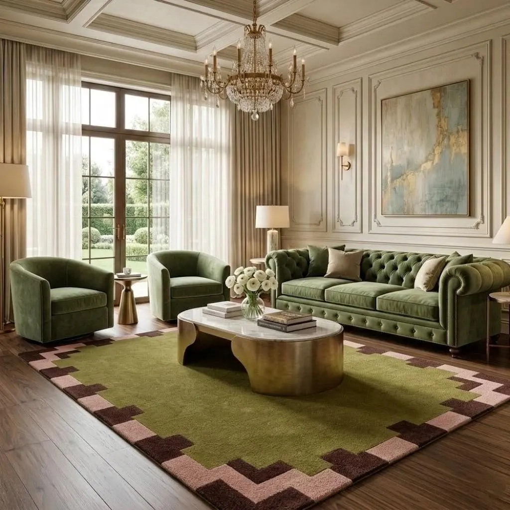 Hand Tufted Wool Rug, Modern Geometric Border Area Carpet, Green Burgundy Living Room