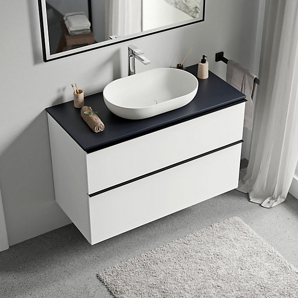 Meuble sous vasque suspendu MDF Blanc mat, plan vasque Bleu nuit mat, poignée Chrome - 80x46x62cm - LAVOA