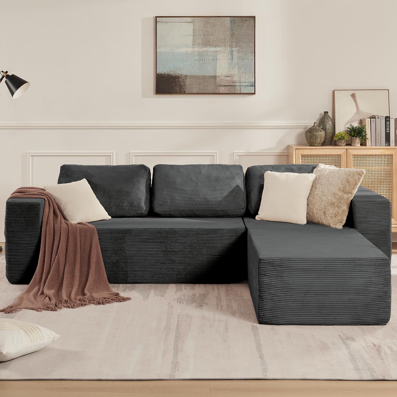 106 Cloud Sectional Couch, Left/Right Facing Convertible Sofa with Deep Seat, L-Shape Modular Upholstered Foam Couch for Living Room Bedroom, No Assembly Required (Corduroy Fabric, Grey)