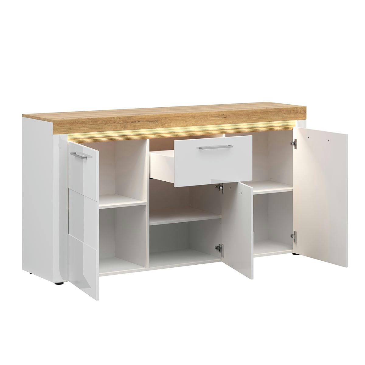 - Buffet 3 portes 1 tiroir avec LED mdf et stratifiés blanc et naturel