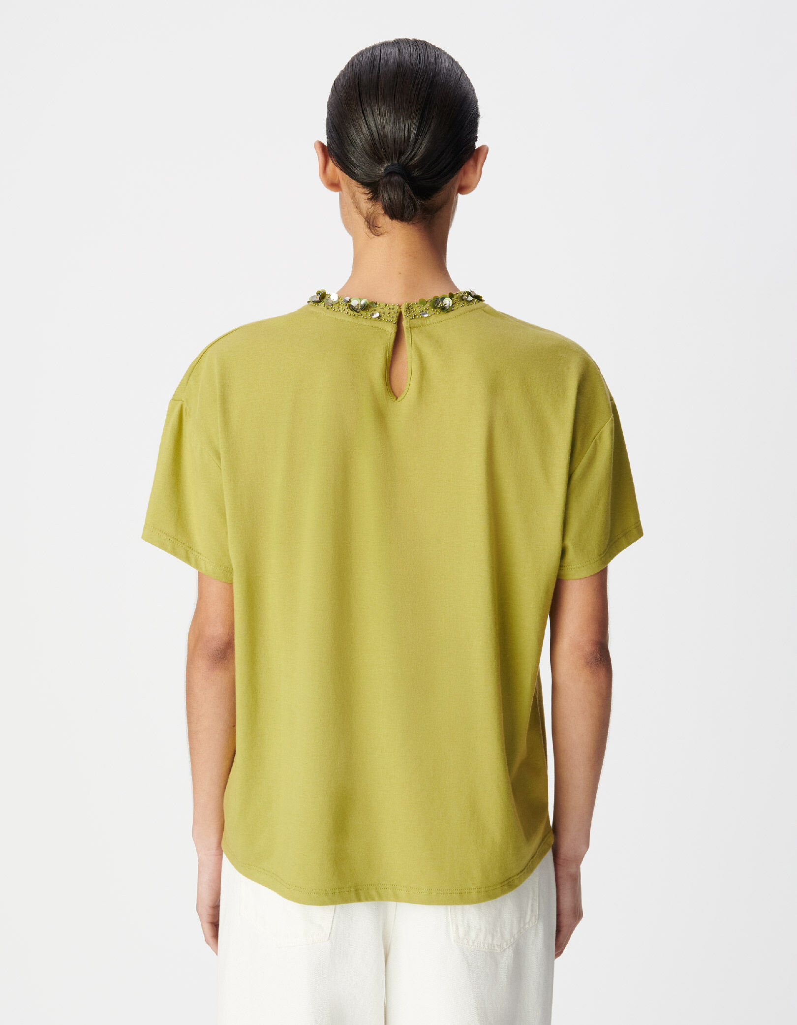 Tee-shirt manches courtes vert col bijou Femme