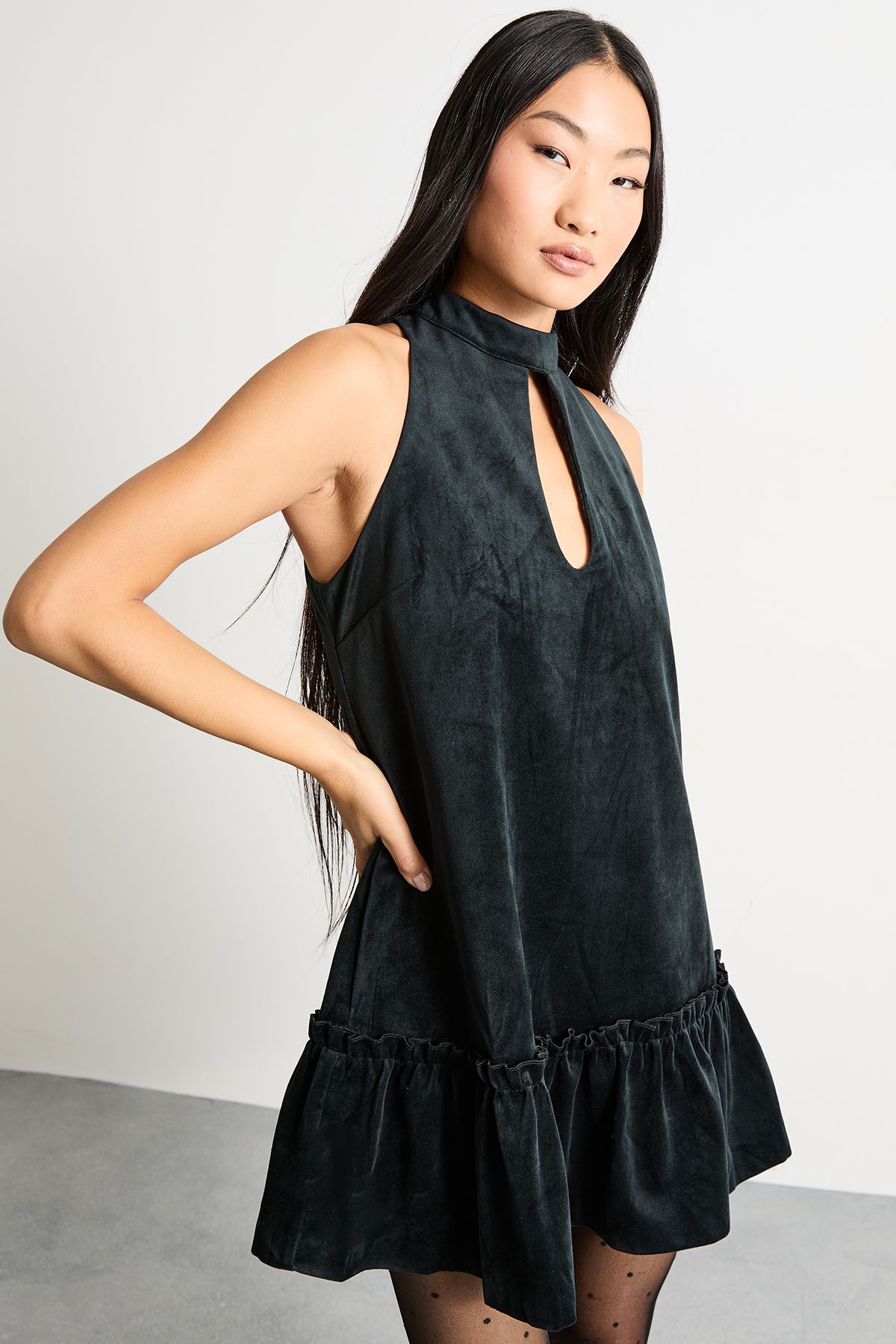 Warehouse Petite Bonded Velvet High Neck Mini Dress