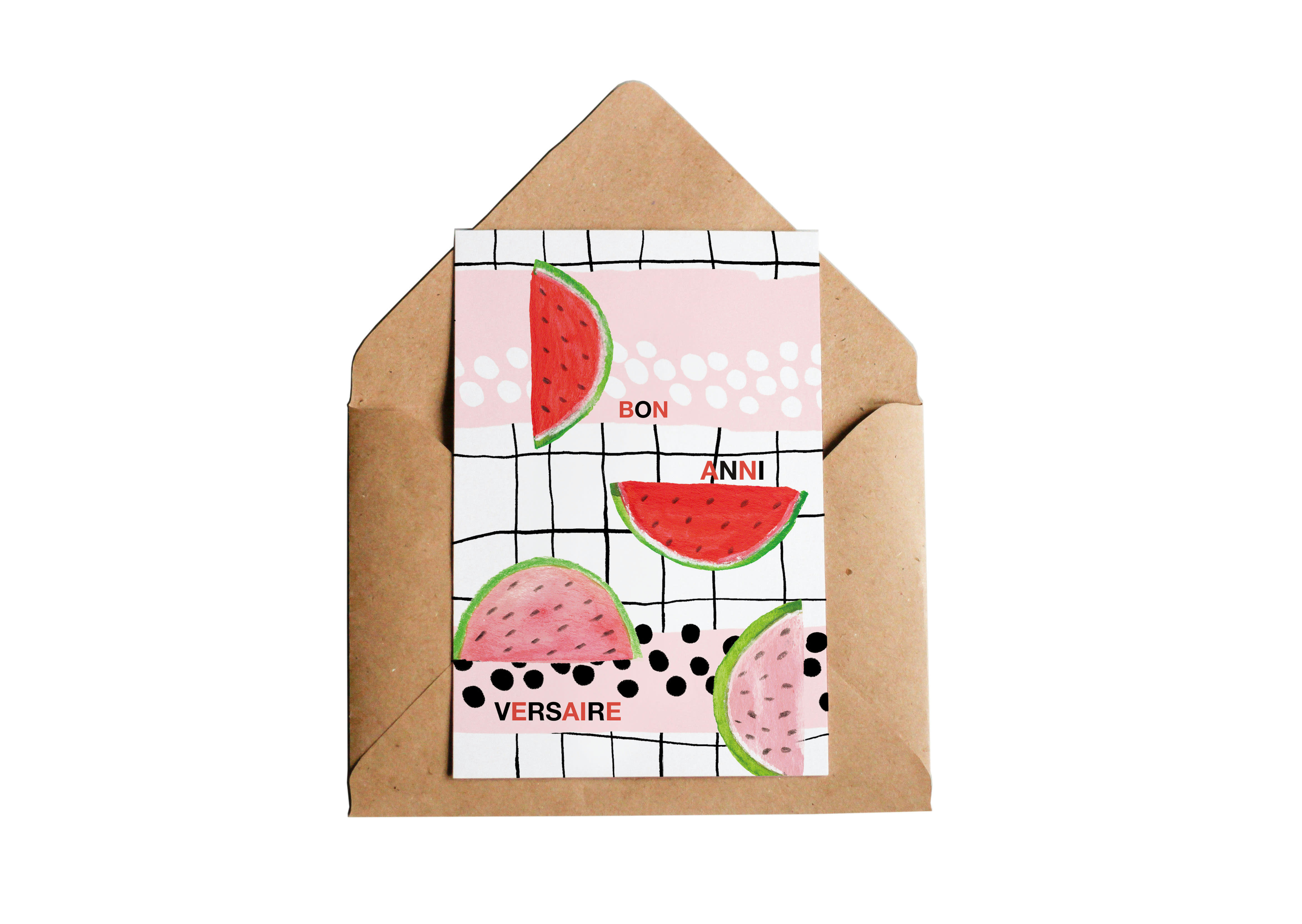 Pastèque - Carte postale double avec enveloppe en papier recyclé