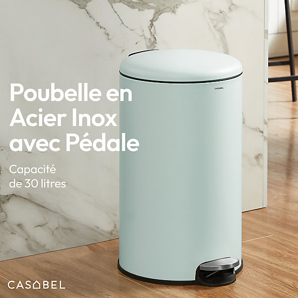 CASABEL Poubelle Cuisine 30L - 100% Acier Inoxydable, Anti-Traces de Doigts, Corbeille Ronde avec Pédale et Couvercle, Vert Menthe