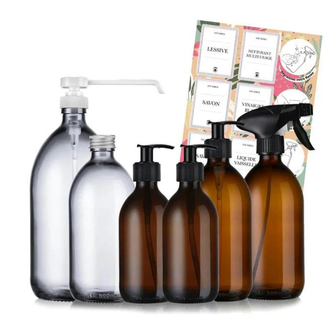 - Pack ménager - flacons en verre + étiquettes